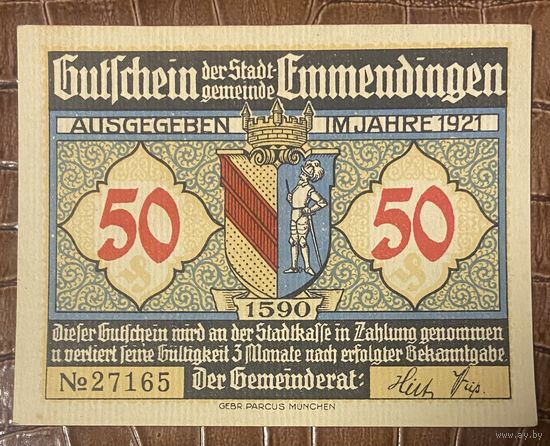 Нотгельд , 50 пфеннигов, Эммендинген 1921 год. Веймарская республика