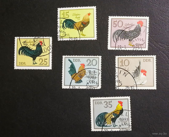 ГДР 1979 г. Петухи. Птицы. Фауна, полная серия из 6 марок #0223-Ф1P42