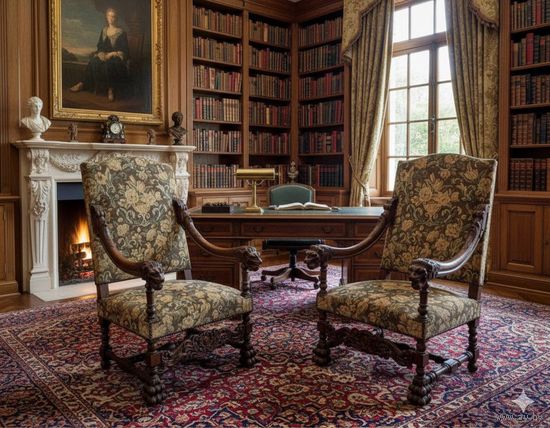 Пара кресел из натурального резного дерева в стиле Людовика XIII