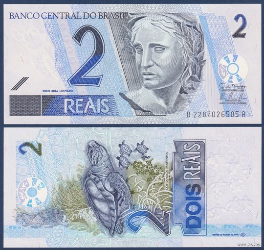 Бразилия, 2 реала 2001-2012 г., P-249h (D, республика, морская черепаха), UNC