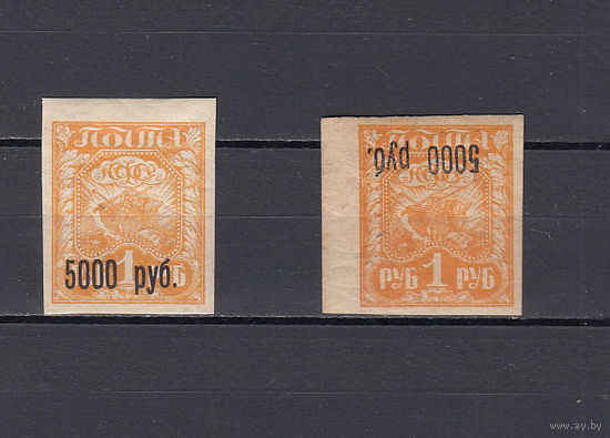 Стандарт. РСФСР. 1922. 2 марки с прямой и перевернутой надпечатками. Зверев N 34, 34v (377 д)
