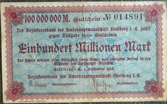 Германия 100 миллионов марок 1923 г Штольберг (Stolberg) 4892.h. Рис. красно-фиолетовый. Фон голубой
