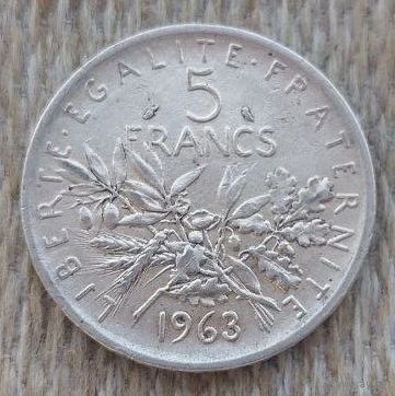 Франция 5 франков 1963 год, AU. Серебро. Сторгуй за свою цену, предложи обмен!