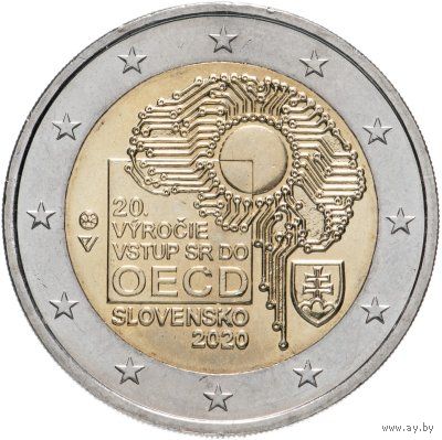 2 евро 2020 Словакия 20 лет вступлению Словакии в ОЭСР UNC из ролла