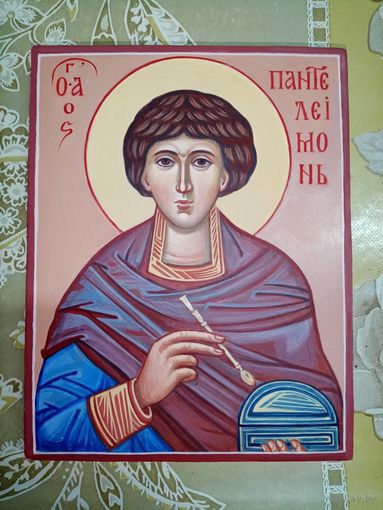 Рукописная икона "св. великомученик Пантелеймон", левкас, яичная темпера, 18х14см