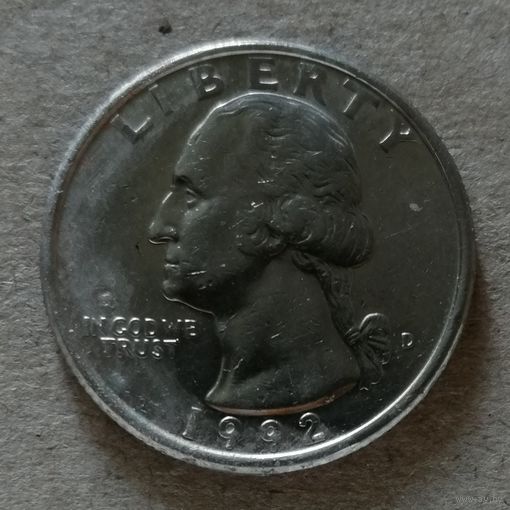 США 1/4 доллара, 1992 Вашингтонский Квотер, отметка МД "D" - Денвер, KM# 164а
