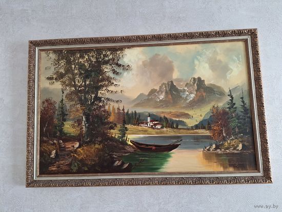 Большая картина, холст масло подпись автора - природа живопись пейзаж храм монастырь и горы