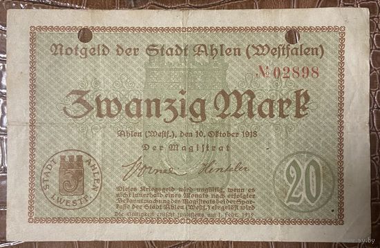 Банкнота 20 марок 1918 год. Ален. Веймарская республика.
