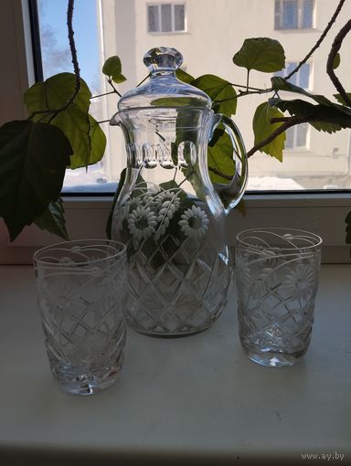 Кувшин Маргаритки (2 литра) и 2 стакана (300 мл), хрусталь. Германия