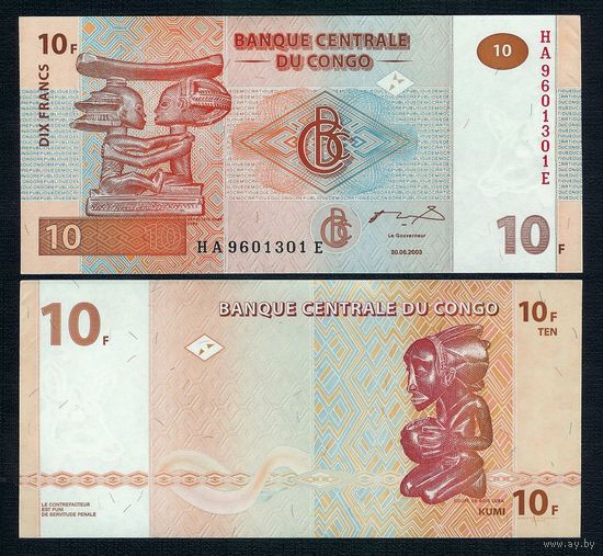 Конго 10 франков 2003 год. UNC