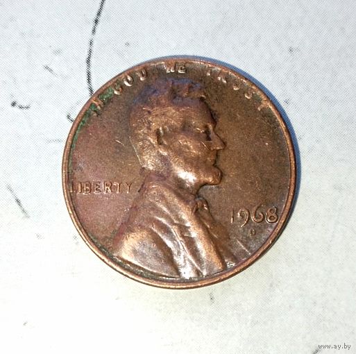 1 цент 1968(D) года США. Очень красивая монета! Шикарная родная патина! Единственная на аукционе!