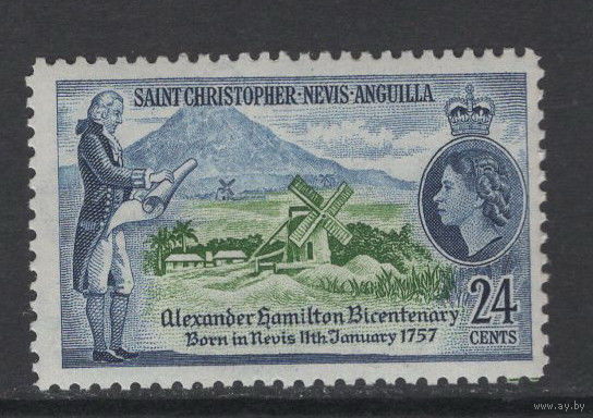 Сент Кристофер-Невис-Ангилья 1957** 200-летие Александра Гамильтона одного из отцов-основателей США, Королева Елизавета II Mi#128