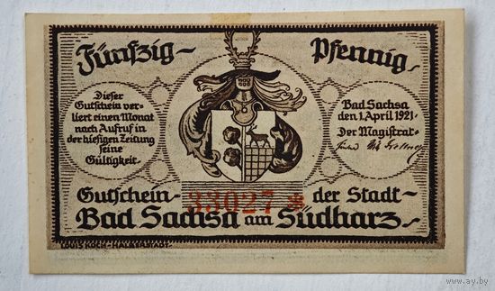 1921 год 50 пфеннигов  Германия