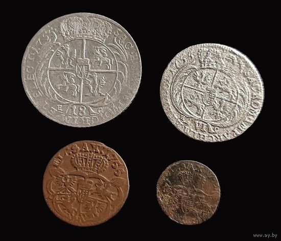 4 МОНЕТЫ 1755 г. АВГУСТА III КОРОЛЯ ПОЛЬСКОГО: ОРТ (18 ГРОШЕЙ), 6 ГРОШЕЙ, ГРОШ, СОЛИД