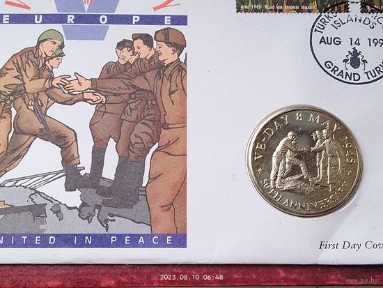 Тёркс и Кайкос 5 крон, 1995 50 лет Победе. Встреча на Эльбе. в оригинальной банковской упаковке.
