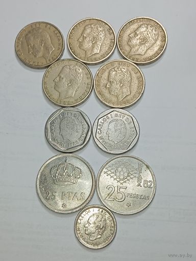 Испания 100 песет 1983,1984,1985,1986,1988 года , 200 песет 1986,1987 год , 25 песет 1975,1980 года и 10 песет 1999 года .
