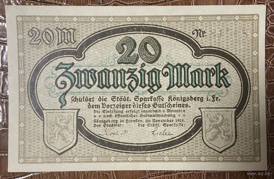 Банкнота 20 марок 1918 год. Кёнигсберг. Веймарская республика