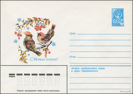 Художественный маркированный конверт СССР N 15215 (13.10.1981) С Новым годом! [Рисунок птиц на ветке рябины]