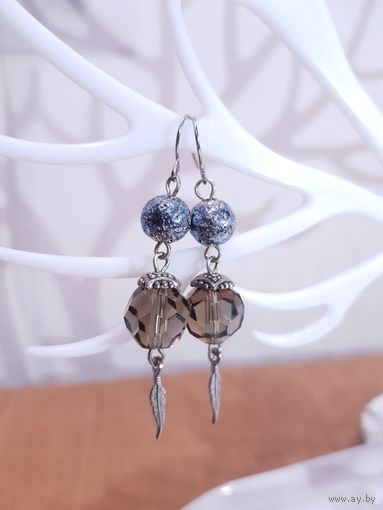 Серьги из камня лавы и чешского дымчатого стекла, сталь