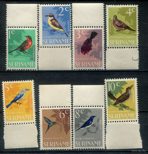 Нидерландские колонии - Суринам - 1966г. - птицы - 8 марок - полная серия, MNH, 2 марки с незначительным дефектом клея, 1 с жёлтым пятнышком на клее [Mi 484-491]. #3-WB-91-KS-2