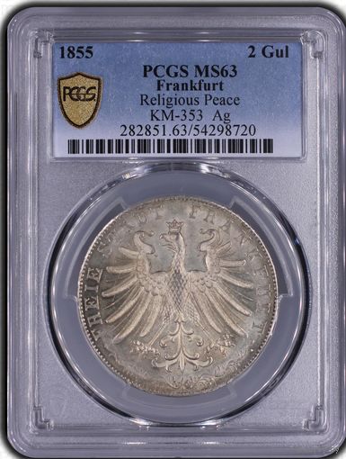 2 гульдена 1855 Франкфурт ms 63 pcgs - редкость! Уникальный сохран!