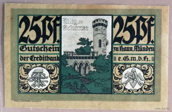 Германия, нотгельды, 25 пфеннигов 1921 год, Мюнден, 577.1, В1, Герб и холм Тилли