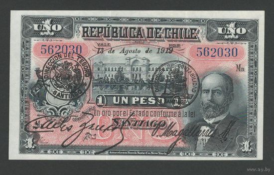 Чили 1 песо 1919 года. Тип Р-15b. Состояние XF+