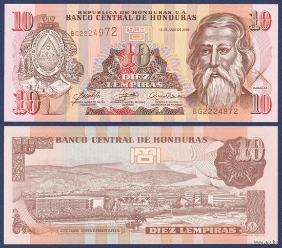 Гондурас, 10 лемпира 2006 г., P-86d (BG, президент Хосе Кабаньяс), UNC
