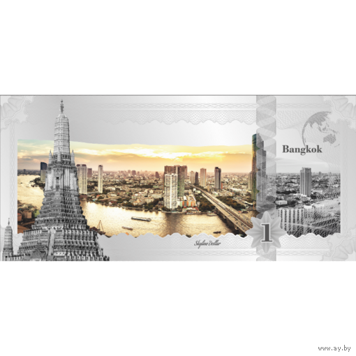 Острова Кука 1 доллар 2019г. Skyline Dollar "Бангкок". Купюра в пластиковом слабе. Серебро 5гр.