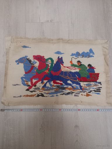 Картина вышитая,  старинная,  Тройка