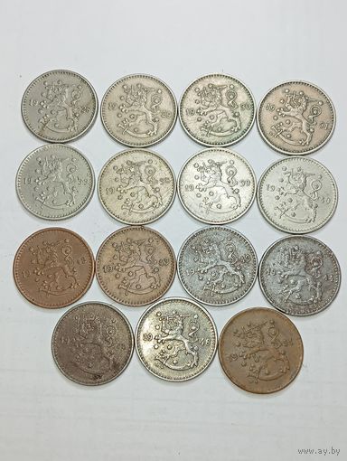 Финляндия 1 марка 1928,1929,1930,1931,1933,1938,1939,1940,1942,1943 медь , 1943 железо , 1944,1945,1948,1951 года .