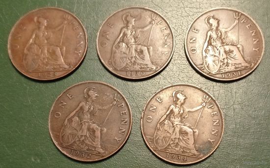 Великобритания 1 пенни 1928,1930,1931,1932,1934. Георг V