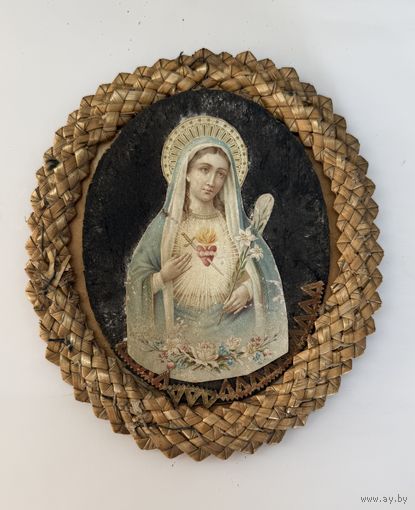Старинная икона литография Непорочное Сердце Марии