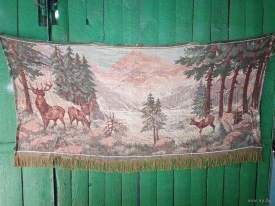 Старинный прикроватный коврик гобелен с оленями