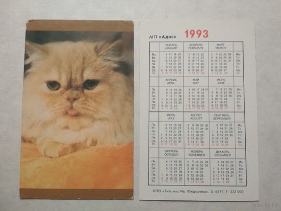 Карманный календарик. Котик.1993 год