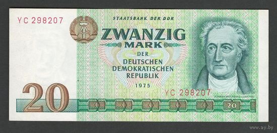 Германия ГДР 20 марок 1975 года. Тип Р-29а. Широкий номер. Состояние UNC