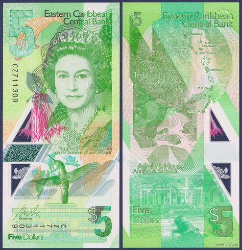 Восточные Карибы, 5 долларов 2021 г., P-W56 (CZ, полимер, королева Елизавета II, Трафальгарский водопад), UNC