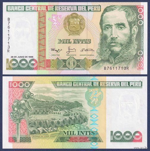 Перу, 1000 инти 1988 г, P-136b (президент Андрес Авелино Касерес), UNC