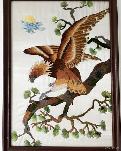 Картина панно вышивка гладью на шелке Китай 50е 39х55см