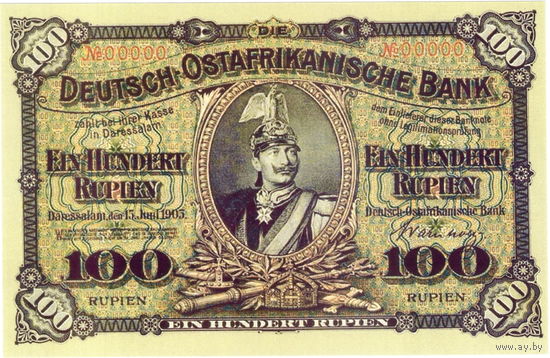 Репродукция (односторонняя, номерная): Немецкая Африка, 100 рупий, 1903 г.