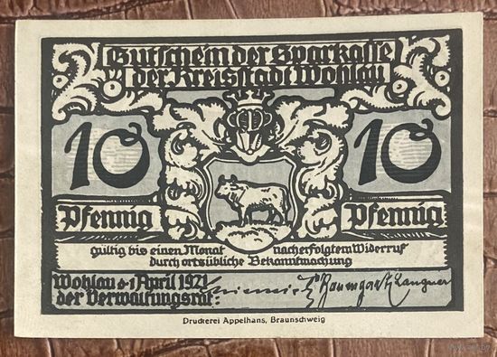 Нотгельд 10 пфеннигов 1921 год. Волау,. Веймарская республика