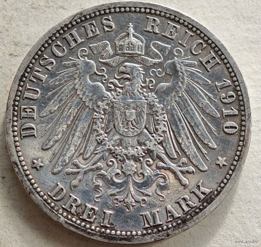 1910 год серебро 3 марки Германия
