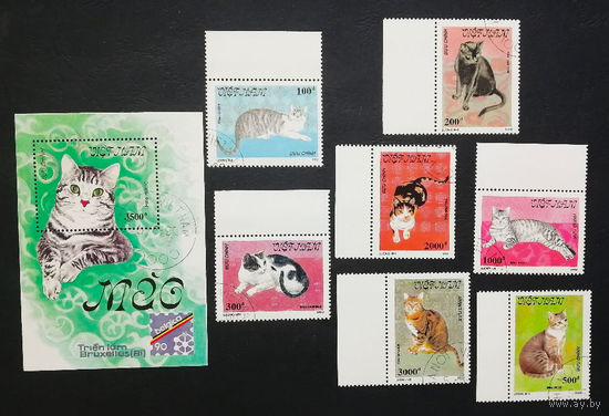 Вьетнам 1990 г. Кошки. Фауна, полная серия из 7 марок + Блок #0152-Ф1P35