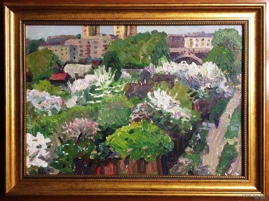 Крохалев П.С (Крохолев) "Минск.Сады цветут",1965г. Картон, масло. Размер 49х34,5 см.