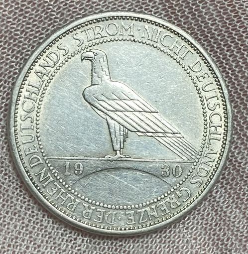 Монета 3 марки 1930 год. Веймарская республика. Освобождение Рейнской области. Монетный двор Штутгарт Серебро.