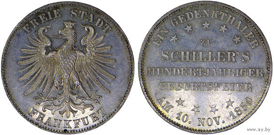 Талер 1859 г. 100 лет со дня рождения Фридриха Шиллера. Франкфурт. Серебро. КМ# 359