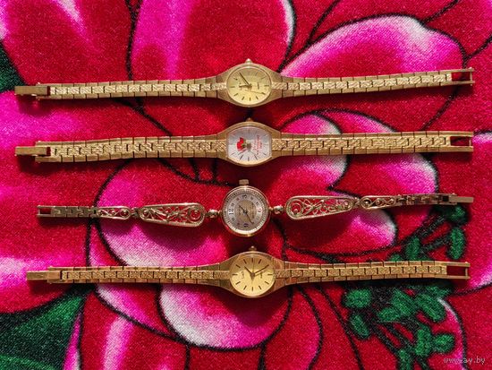 Лот женских наручных часов Luch, Чайка, Луч, трое похожи на позолоту, двое с клеймами "Au" и "Т". Старт с 1 рубля.