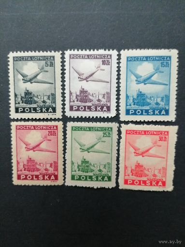 Польша 1946 Полная серия марок "Авиапочта: самолет над Варшавой" (чистая*, есть наклейки) Mi.428-433 каталог 17.00 евро