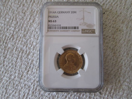 20  марок  ,   Германия  ,  Пруссия  ,  Вильгельм  2  ,   1914  год .NGC MS63