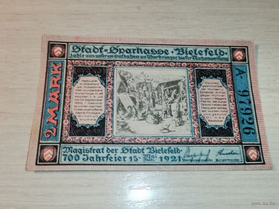 Нотгельд номиналом 2 марки , 1921 года, город Билефельд, Германия.